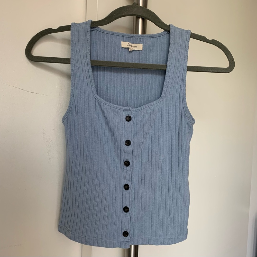 Madewell Crop Blue Ribbed Button Front Tank